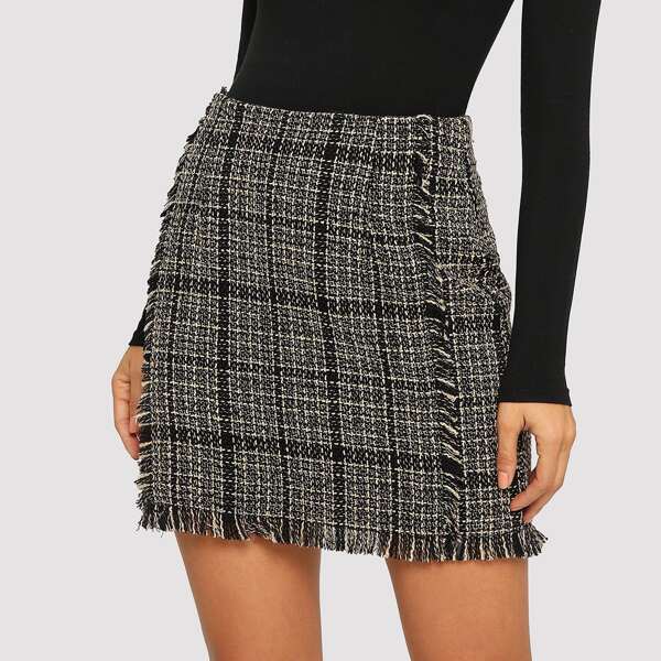

Frayed Trim Plaid Tweed Skirt, Multicolor