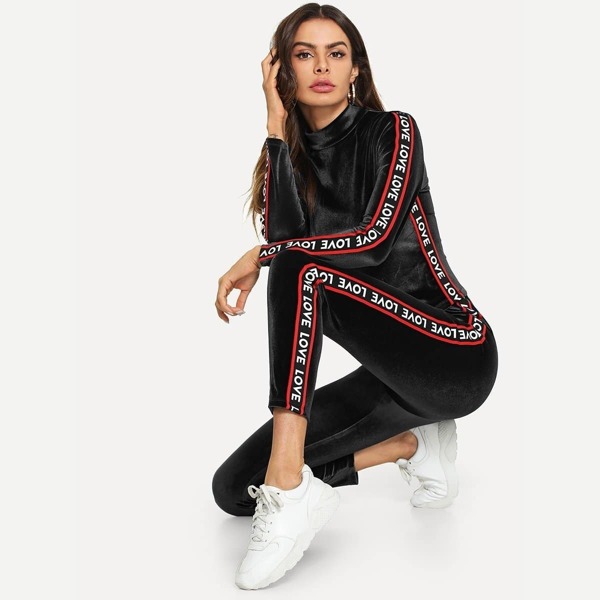 

Lettering Tape Detail Velvet Top & Pants Set