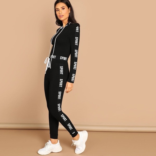 

Letter Print Crop Tee & Pants Set, Black