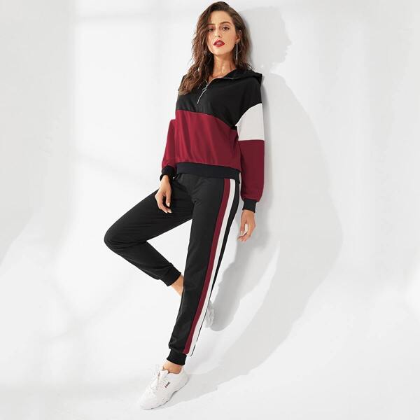 

Zip Up Hoodie & Color Block Sweatpants Set, Multicolor