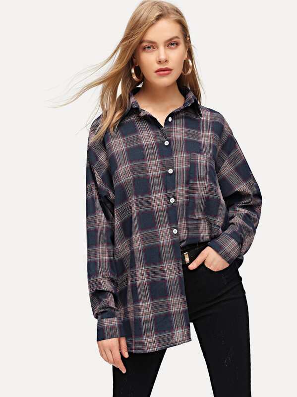 

Patch Pocket Tartan Boyfriend Shirt, Navy, Kate C