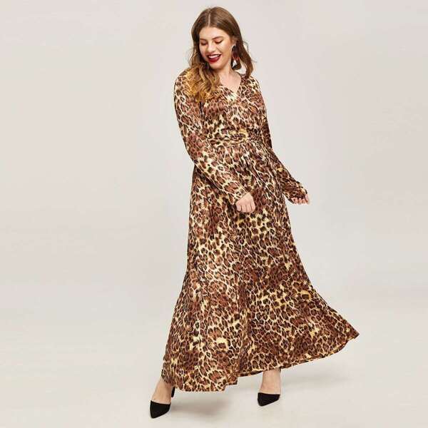 

Plus Self Tie Leopard Print Wrap Dress, Multicolor