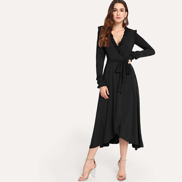 

Frill Trim Self Tie Wrap Dress