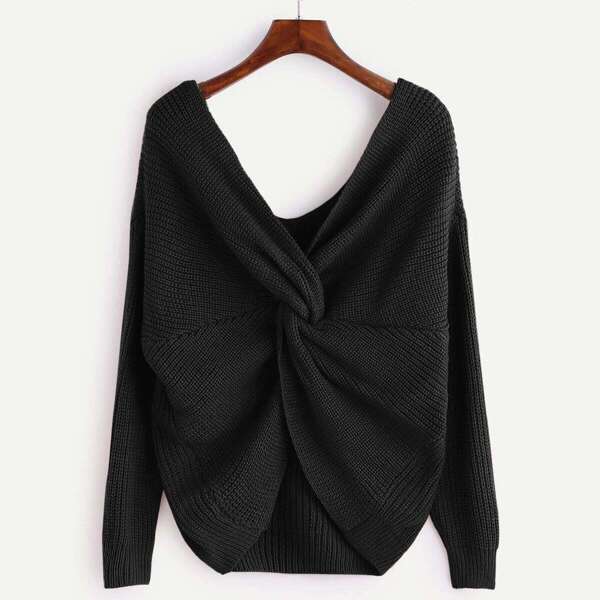

V Neckline Twist Front Sweater, Black