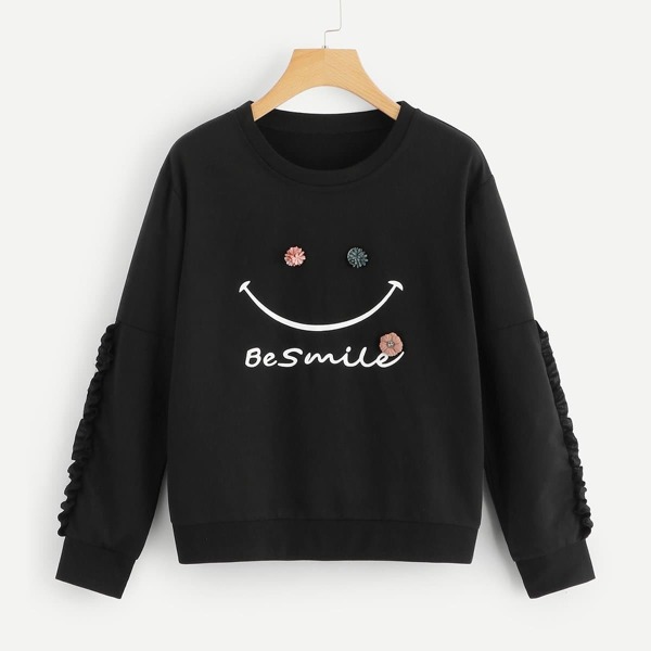 

Frill Letter Print Sweatshirt, Black