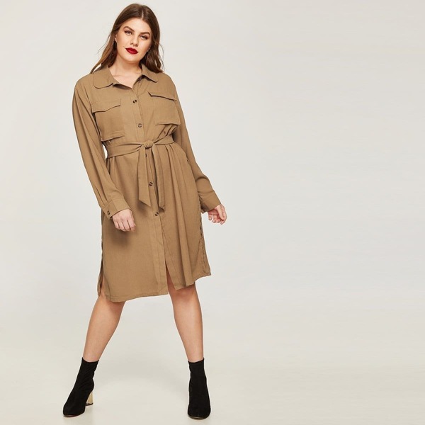 

Plus Tie Waist Split Side Shirt Dress, Khaki