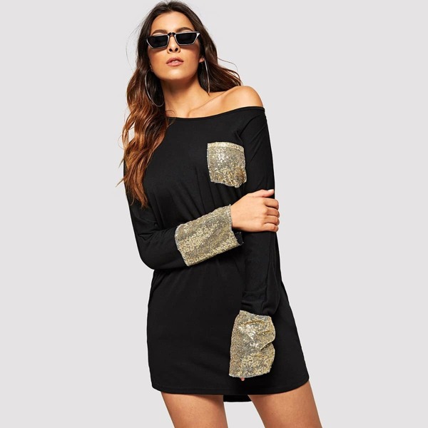 

Contrast Sequin Sleeve And Pocket Tee Dress, Black