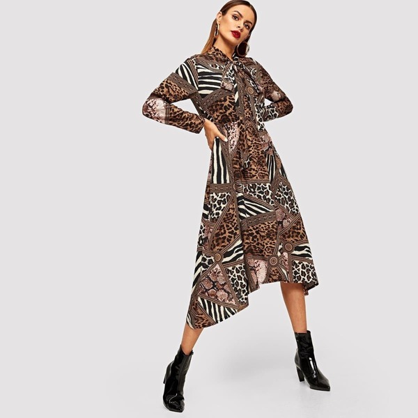 

Animal Print Tie Neck Dress