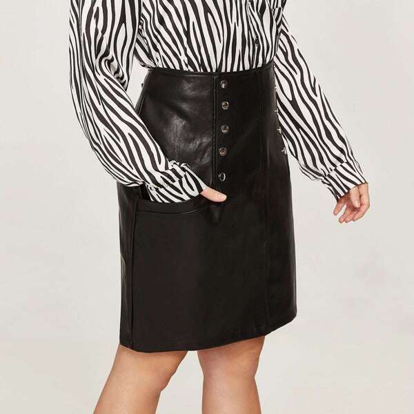 

Plus Button Front Skirt, Black