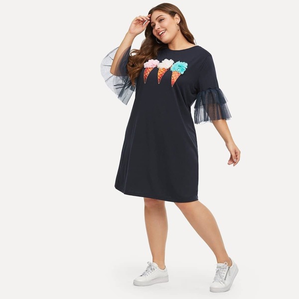 

Plus Ice Cream Applique Tiered Mesh Sleeve Dress