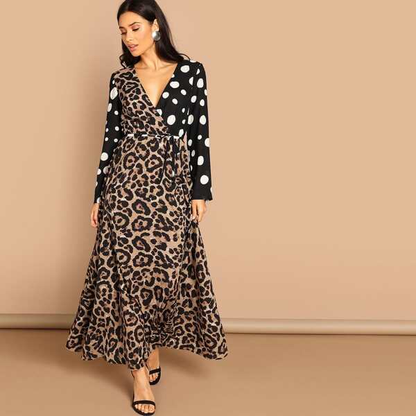 

Wrap Leopard Print Polka Dot Belted Dress