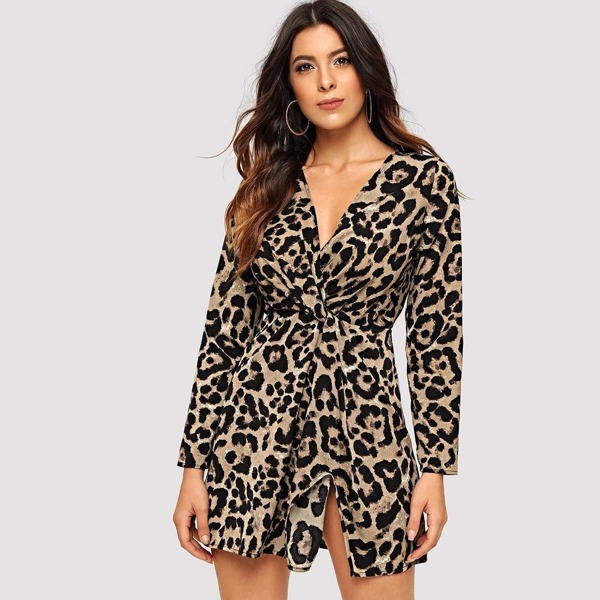 

Twist Front Slit Hem Surplice Leopard Dress