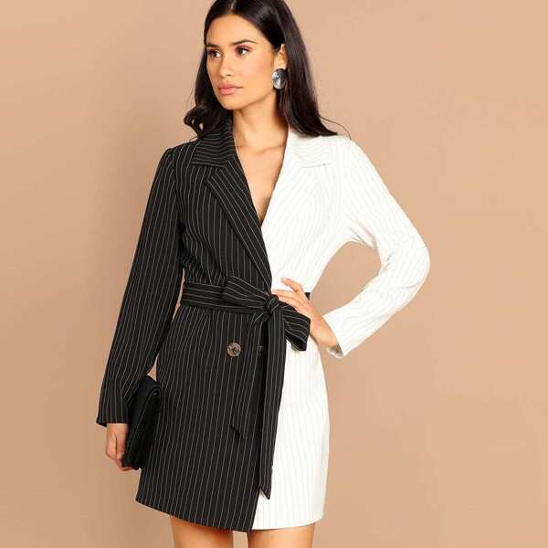 

Spliced Striped Belted Blazer Dress, Black and white