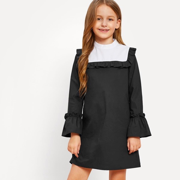 

Girls Two Tone Frill Trim Dress, Black
