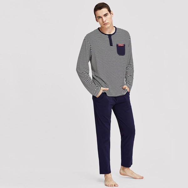

Men Button & Pocket Front Striped Pajama Set