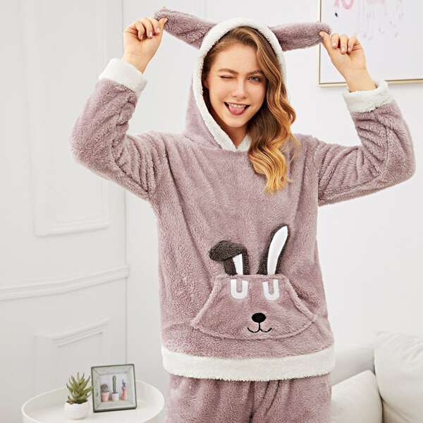 

Rabbit Pattern Fluffy Hooded Pajama Set