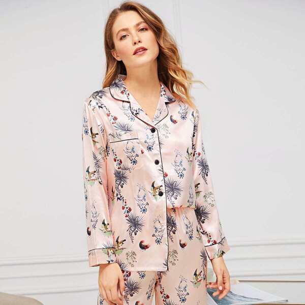 

Botanical Print Satin Pajama Set