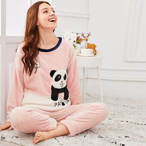 

Panda Embroidered Colorblock Plush Pajama Set
