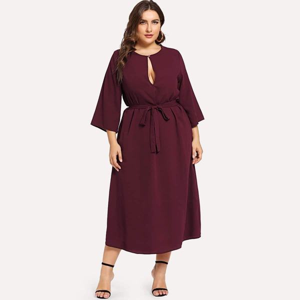 

Plus Self Belted Slit Cut Front Dress