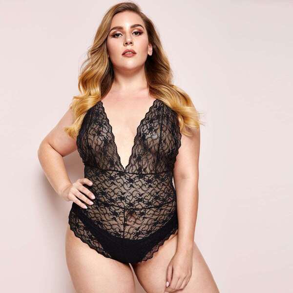 

Plus Scalloped Trim Deep-V Teddy Bodysuit