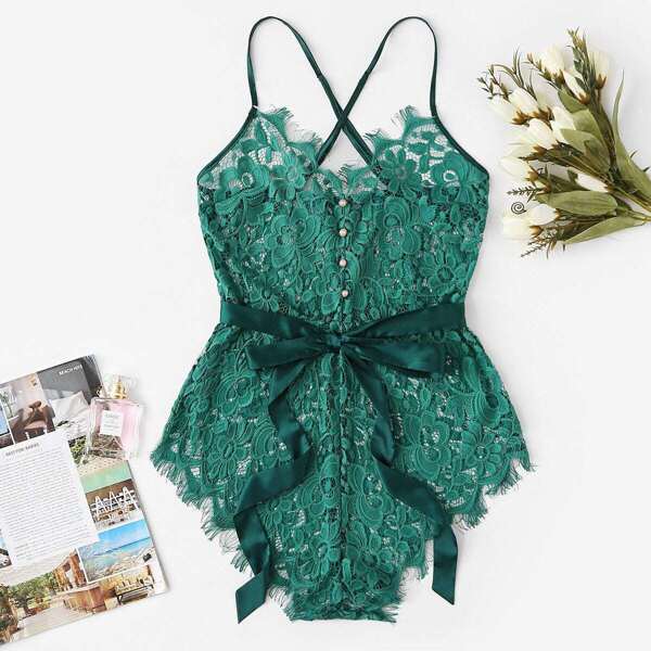 

Criss Cross Eyelash Lace Belt Romper Bodysuit