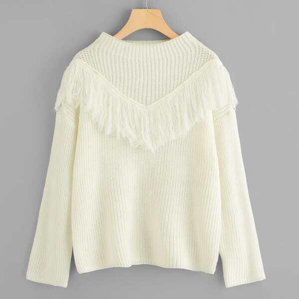 

Fringe Trim Embellished Solid Jumper