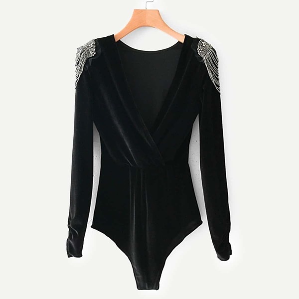

Beaded Velvet Solid Bodysuit, Black