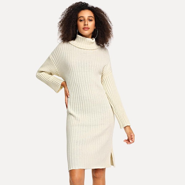 

High Neck Slit Hem Sweater Dress
