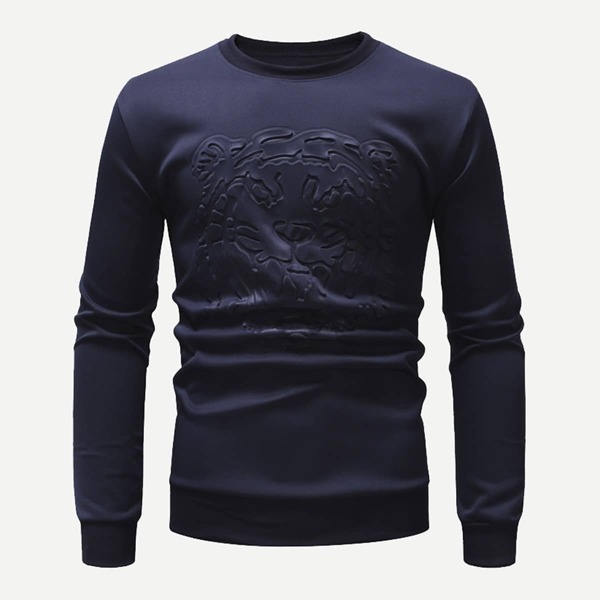 

Men Crew Neck Solid Tiger Print Sweatshirt, Navy blue