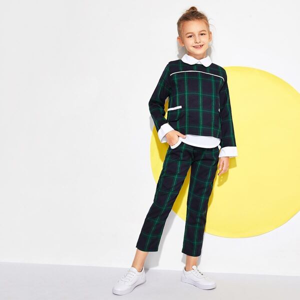 

Girls Zip Back Contrast Trim Plaid Top With Pants