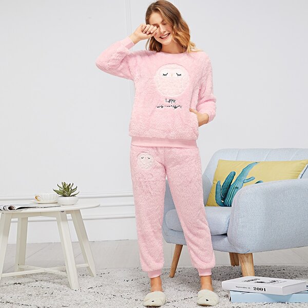 

Owl & Letter Embroidered Plush Pajama Set
