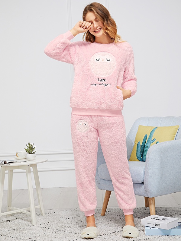 

Owl & Letter Embroidered Plush Pajama Set, Pink, Nastyab