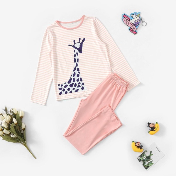 

Girls Giraffe Print Striped Pajama Set