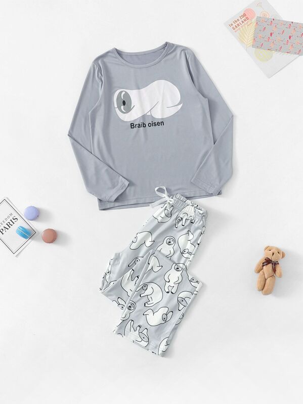 

Girls Cartoon Graphic Pajama Set, Grey