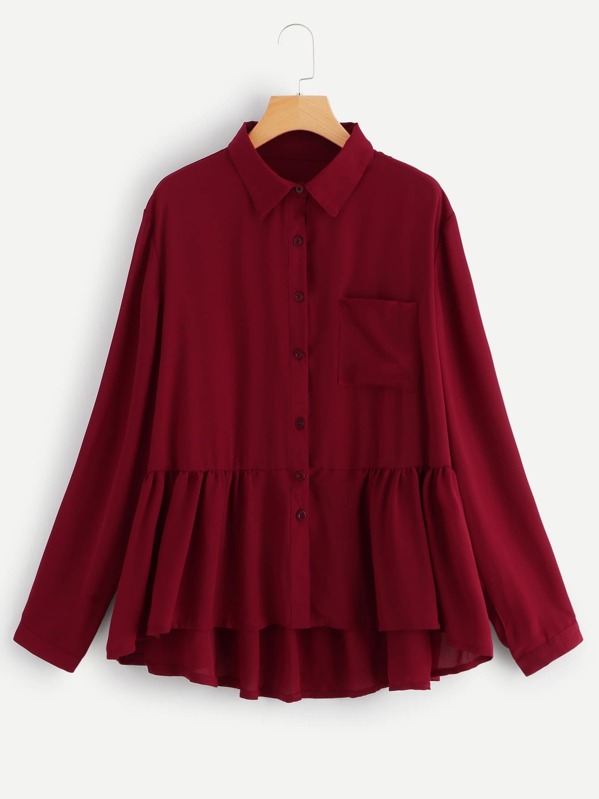 

Plus Ruffle Hem Solid Shirt, Burgundy