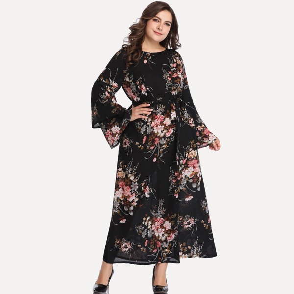 

Plus Floral Print Self Tie Waist Dress, Multicolor