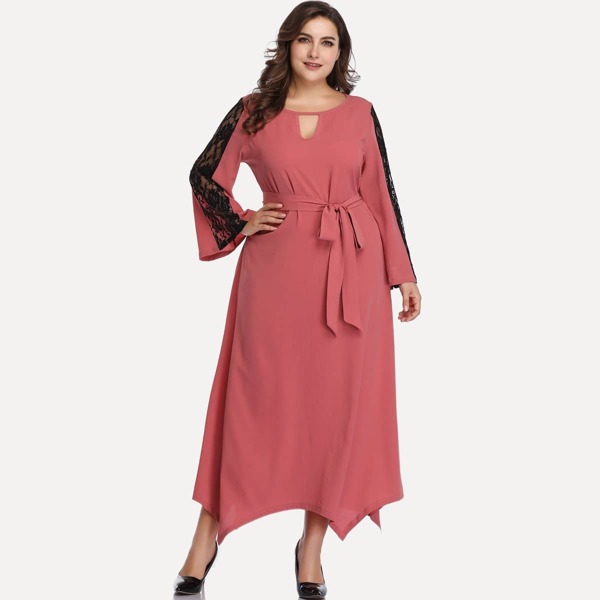 

Plus Contrast Lace Belted Dress