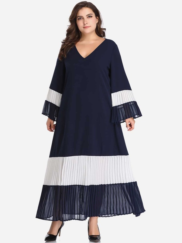 

Plus Contrast Panel Pleated Dress, Navy, Franziska