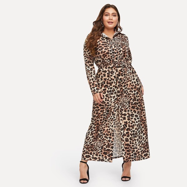 

Plus Leopard Print Longline Shirt Dress, Multicolor