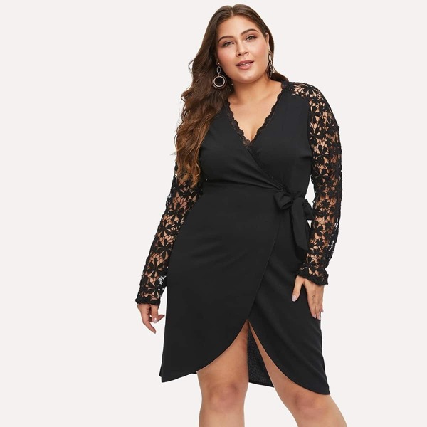 

Plus Lace Crochet Contrast Tie Waist Dress