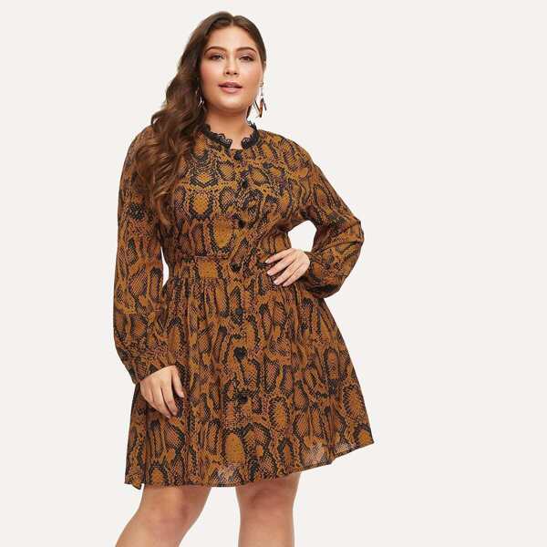 

Plus Lace Contrast Snakeskin Print Shirt Dress, Multicolor