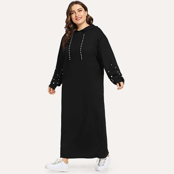 

Plus Faux Pearl Beaded Longline Hooded Dress, Black