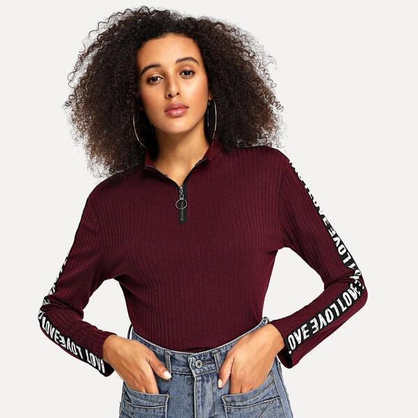 

Letter Print Quarter Zip Sweater
