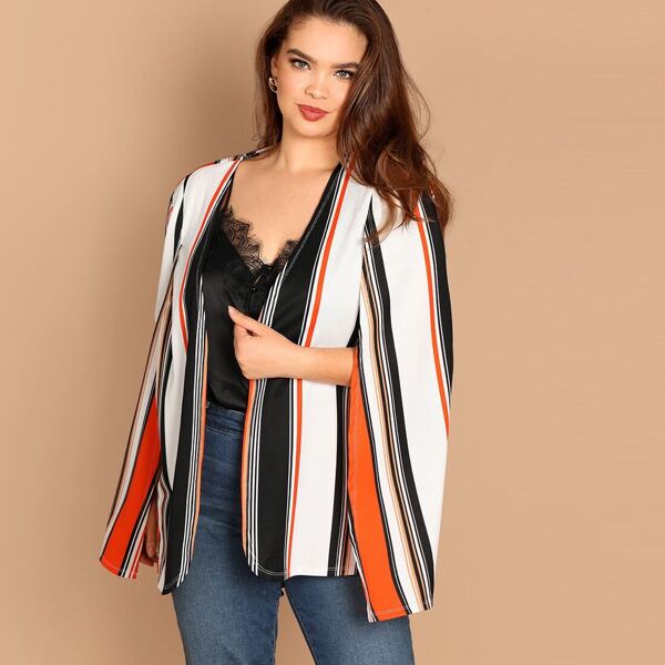 

Plus Cape Sleeve Striped Coat, Multicolor