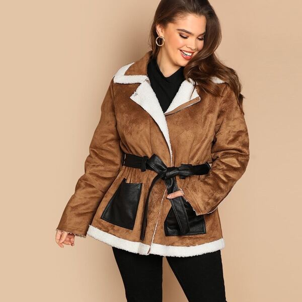 

Plus Contrast Trim Faux Shearling Knot Coat