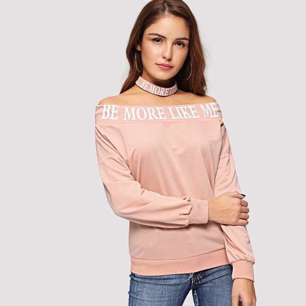 

Off Shoulder Letter Print Pullover