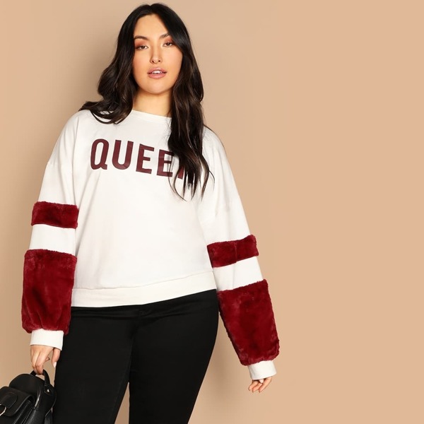 

Plus Contrast Faux Fur Sleeve Lettering Pullover