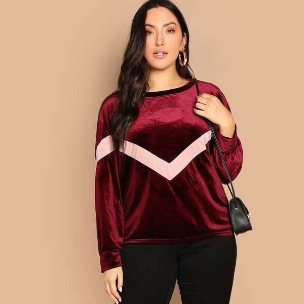 

Plus Elastic Hem Chevron Velvet Pullover, Burgundy