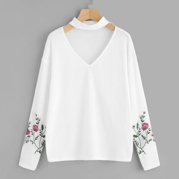 

Cut V Neck Floral Ribbed Tee