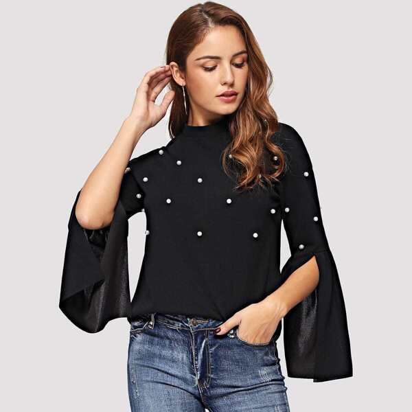 

Pearl Beading Split Bell Sleeve Top
